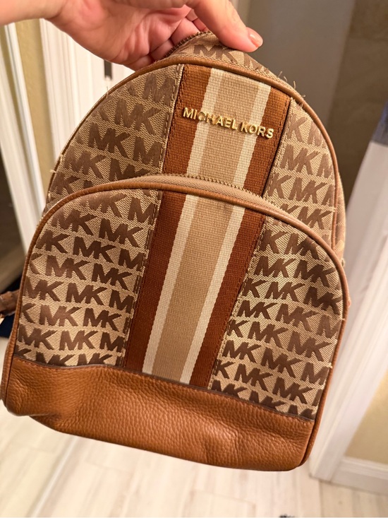 Michael Kors Handbags - Michael Kors Tan & Brown Stripe Logo Mini Backpack
